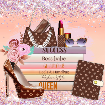 Acessórios femininos em padrão marrom com detalhes dourados sobre livros e fundo rosa brilhante