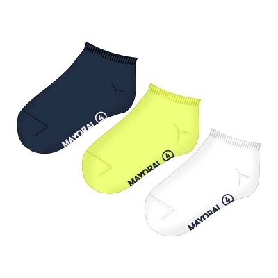 Três pares de meias curtas nas cores azul, amarelo fluorescente e branco com texto MAYORAL 4