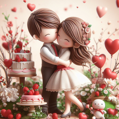Figuras decorativas de casal abraçando com bolos e decoração romântica com corações e flores