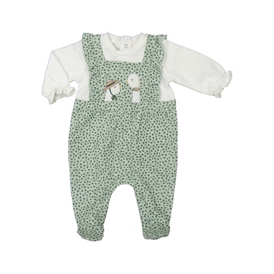 Macacão de bebé verde e branco com padrão de folhas e bordado de bonecos