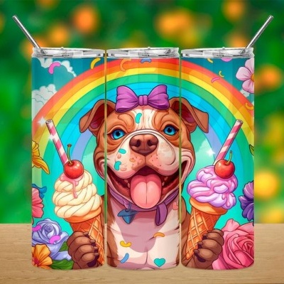 Três copos metálicos coloridos com desenho de cão bulldog a segurar gelados, fundo arco-íris e flores