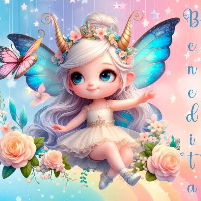 Ilustração de fada com asas azuis e vestido branco, flores e borboleta, com nome Benedita ao lado