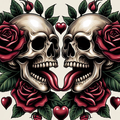 Dois crânios com rosas vermelhas e corações vermelhos num fundo claro