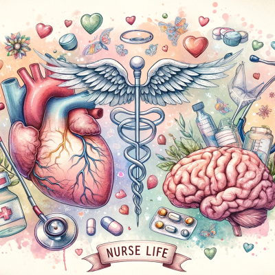 Ilustração colorida com elementos médicos e símbolo caduceu com asas