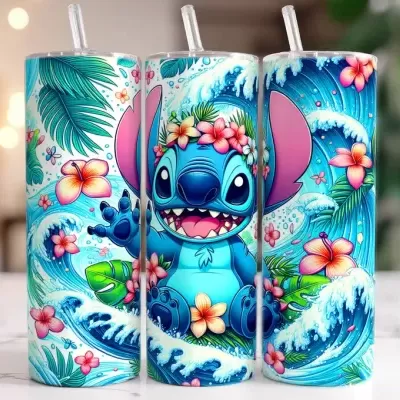Copos de acrílico com ilustração do personagem Stitch e flores tropicais