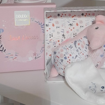 Brinquedo de pelúcia rosa dentro de caixa de presente rosa com decoração e texto