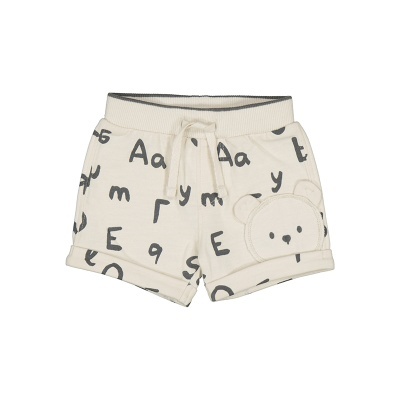 Calções bege para bebé com letras e bolso em forma de urso