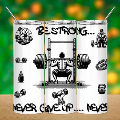 Três copos térmicos brancos com ilustrações de fitness e texto motivacional em inglês.