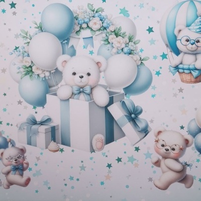 Ursinhos de pelúcia e balões azuis com texto 'David'