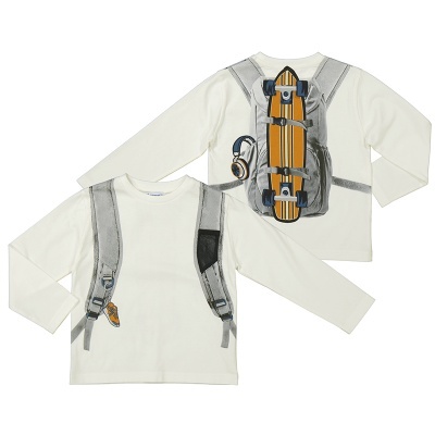 Camisola manga comprida branca com desenho de mochila e prancha de skate