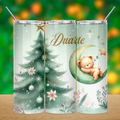 Três copos térmicos de aço inoxidável com decoração natalícia e nome Duarte.