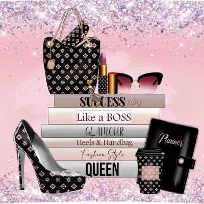 Acessórios de moda preto e branco com padrões, batom rosa, óculos escuros, livros empilhados e fundo rosa brilhante.