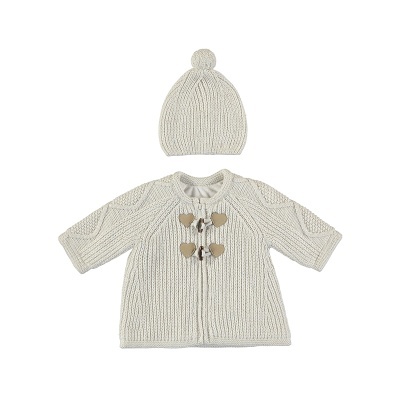 Conjunto de malha para bebé em cru com casaco e gorro com pompom