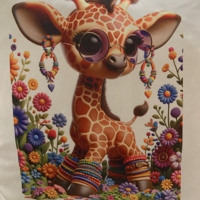 Girafa caricaturada colorida com óculos e acessórios em fundo branco