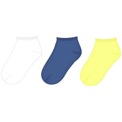 Três meias curtas nas cores branca, azul escura e amarela