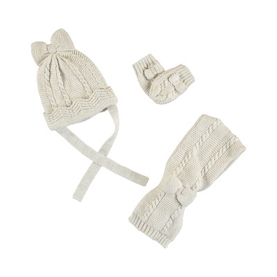 Conjunto de malha creme para bebé com gorro, luvas e fita de cabeça