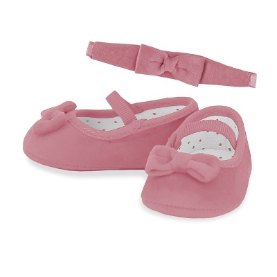 Sapatinhos rosa para bebé com laço e faixa combinando