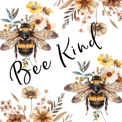 Ilustração de duas abelhas e flores com texto 'Bee Kind'