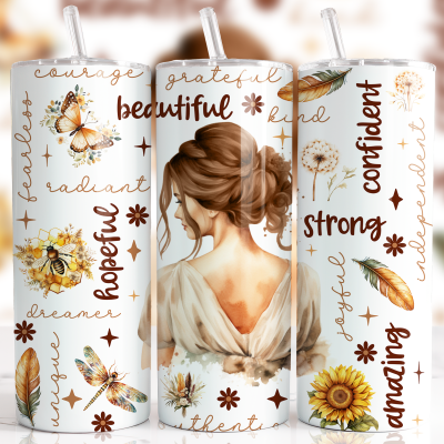 Três garrafas térmicas decoradas com arte feminina, flores, borboletas e palavras em inglês.