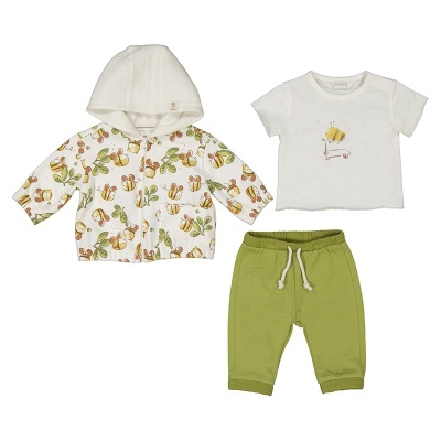 Conjunto de roupa para bebé com casaco estampado, t-shirt branca e calças verdes