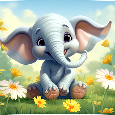 Elefante bebé azul claro numa campina florida