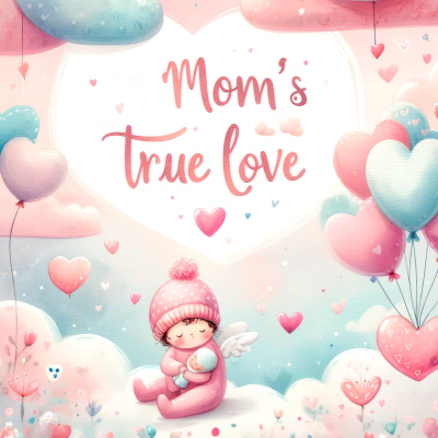 Ilustração infantil colorida com balões de coração, criança anjo e texto 'Mom's True Love'