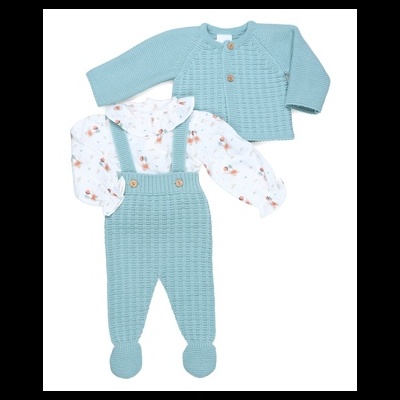 Conjunto de roupa para bebé azul claro e branco com padrões de desenhos pequenos