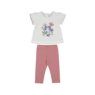 Conjunto de roupa infantil com camiseta branca estampada e leggings cor-de-rosa