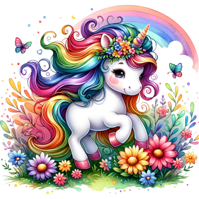 Desenho de um unicórnio branco com crina colorida, rodeado por flores, borboletas e um arco-íris