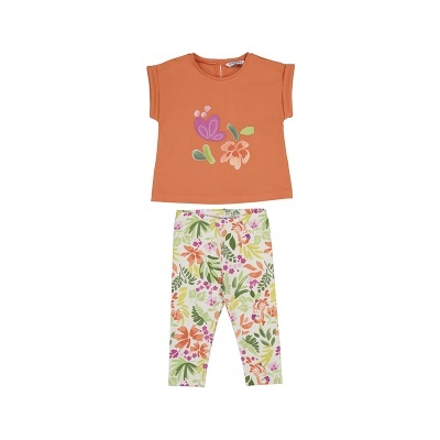 Conjunto infantil com t-shirt alaranjada e calças floridas