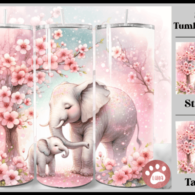 Copos térmicos com ilustração de elefantes e flores em tons rosa e azul