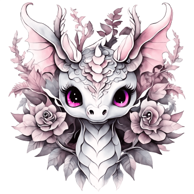 Ilustração digital de dragão estilizado com flores em tons de rosa e cinza