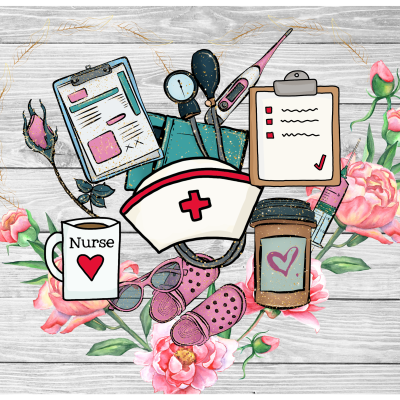 Ilustrações de utensílios de enfermagem e flores sobre fundo de madeira