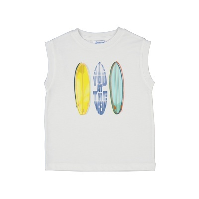 T-shirt branca sem mangas com estampado de pranchas de surf na frente