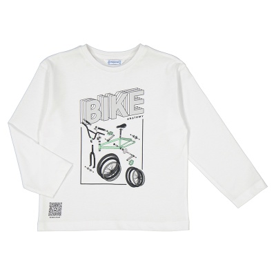 Camisola infantil branca de manga comprida com ilustração de uma bicicleta e texto BIKE ANATOMY