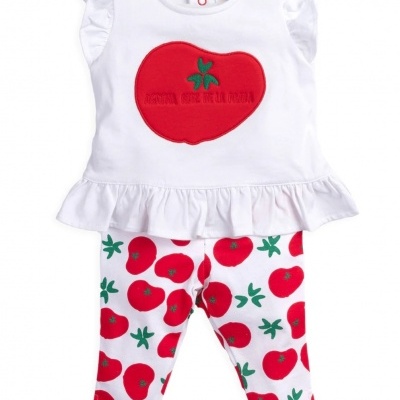 Conjunto infantil branco com tomate vermelho e leggings com padrão de tomates vermelhos