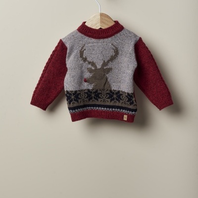 Camisola infantil de malha com rena e mangas vermelhas