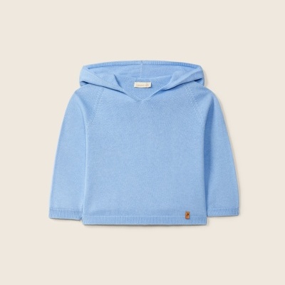 Camisola azul clara de malha com capuz e etiqueta