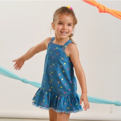 Vestido azul de criança com corações coloridos e folho na bainha.