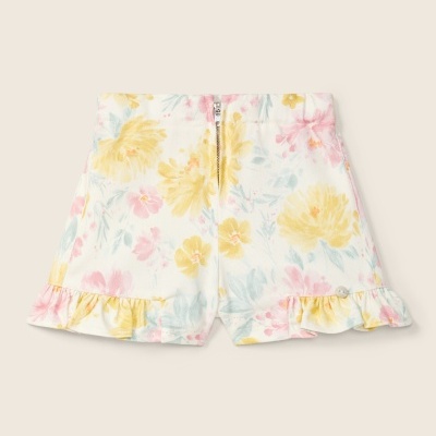 calções florais com folho e fecho de correr