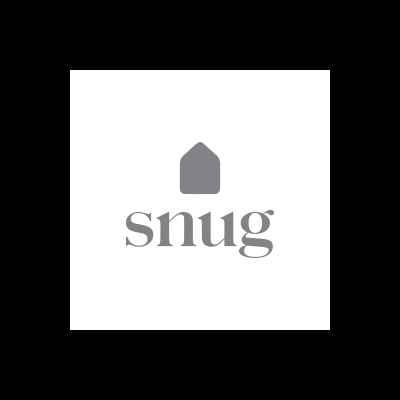 Logotipo da marca 'snug' com ícone de casa cinza