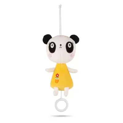 Boneco de peluche panda com vestido amarelo e anel branco para puxar