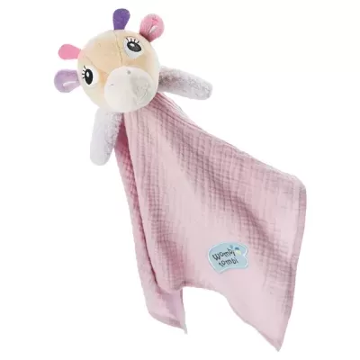 Lenço de pelúcia rosa com cabeça de girafa e etiqueta azul