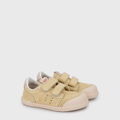 sapatilhas infantis bege com velcro e sola creme