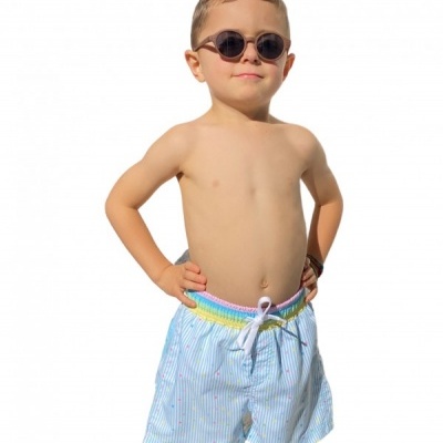 Calções de banho para criança azuis com riscas finas e cintura colorida