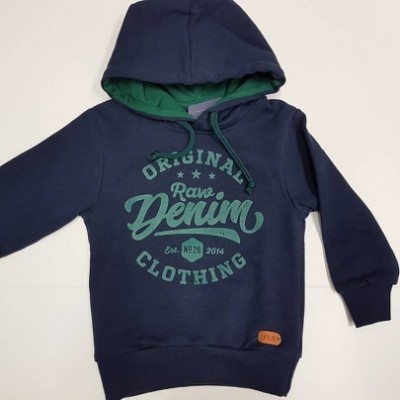 Sweatshirt azul escuro com capuz verde e texto impresso Raw Denim