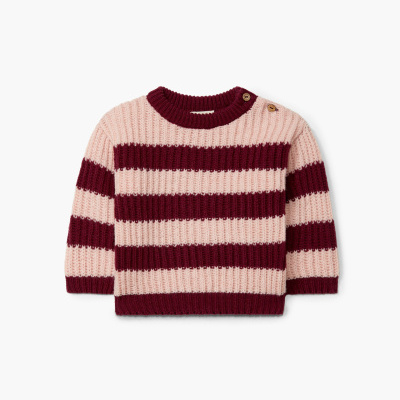 Camisola de malha riscada rosa claro e bordô com botões no ombro