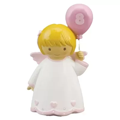 Estatueta de anjo com vestido branco e balão rosa número 8