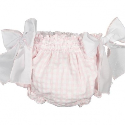 Fralda roupa de bebé rosa com laços brancos grandes nas laterais