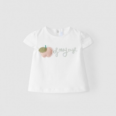 T-shirt bebé branca com cereja decorativa e texto cinzento